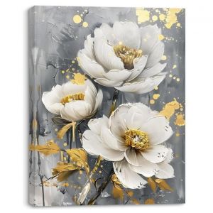 Tableau sur Toile Fleurs blanches Tableau Decoration Murale Peinture à l’huile Image de fleur pour Chambre 30X40cm Cadre Intégré