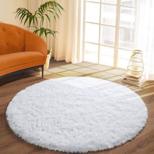 160cm Tapis Blanc Peluche Rond Moelleux Poils Longs Tapis de Salon Chambre Shaggy Moquette Tapis de Yoga