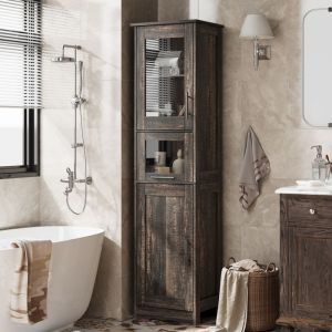 Colonne/Armoire de salle de bain - 40 X31X170CM - 2 portes et &eacute;tag&egrave;re r&eacute;glable - avec 5 compartiments -MARRON
