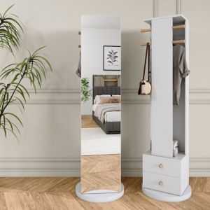 3 en 1 Armoire &agrave; Bijoux 360&deg;avec Miroir Pleine Longueur 2 Tiroirs Porte-Manteau Blanc