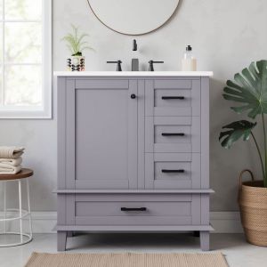 Meuble de Salle de Bain - Novélys - 76cm - Vasque en Céramique Intégrée - 1 Tiroir & 3 Portes Texturées - Pieds en Pin Massif -