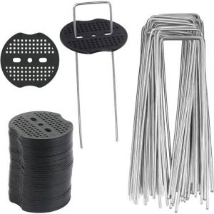 50Pcs Piquets de Jardin Sardine Bache avec 50 Rondelles Piquets de Fixation pour B&agrave;che Toile Paillage Tissu de Mauvaises Herbes