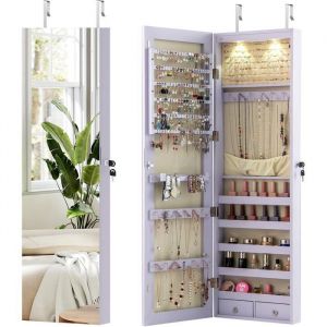 Armoire &agrave; Bijoux Mural avec Miroir et Lumi&egrave;re LED COSTWAY Rangement de Bijoux Accroch&eacute;e &agrave; la Porte 120 x 36 x 10 CM Violet