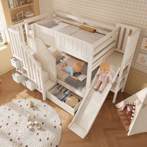 Lit Superpos&eacute; 90x200 avec toboggan et armoire &eacute;chelle Lit Enfant avec tiroirs et &agrave; lattes et &eacute;tag&egrave;re ouverte Blanc (Sans Matelas)