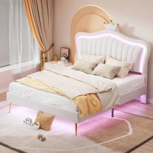 Lit enfant - KYAMRC - 140 x 200 cm - t&ecirc;te de lit du lit est r&eacute;glable et couronne - &Eacute;clairage LED - lit double en cuir PU - blanc