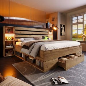 Lit coffre 180 x 200 cm structure de lit avec tête de lit et tiroirs USB-C lit double éclairage LED en bois massif chêne