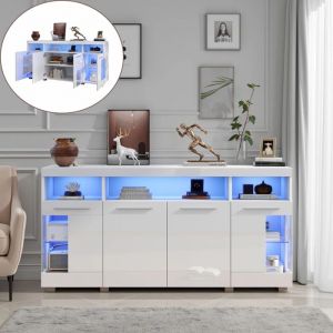 Buffet Bas LED - Novélys - 140cm - Rangement avec 2 Portes Vitrées & 2 Tiroirs - Enfilade Blanc Laqué