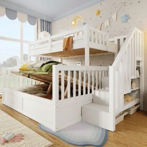 Lit superpos&eacute; - LANGTU - 90x200/140x200 - Rangement hydraulique - Escalier avec rangements - Bois massif blanc