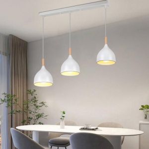 WOTTES 3 Lampes Suspension Vintage Lustre Blanc E27 Plafonnier Bois Luminaire Style Industriel &eacute;clairage Pour Cuisine (Barre)
