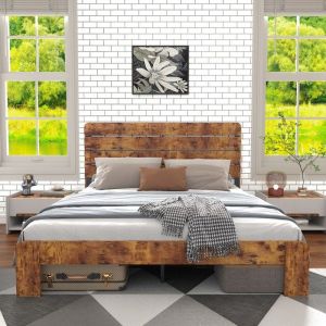 Lit double 180x200 cm en bois ancien avec t&ecirc;te de lit haute cadre m&eacute;tal et lattes fer - Adultes et adolescents - sans Matelas