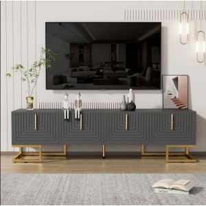 Meuble TV Moderne Gris - 4 Portes - Armoires de Rangement- Buffet Bas de Chambre - 170x40x45.5cm -  Pieds Metal - Meuble de Salon