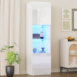 Vitrine Blanche Haute Brillance 160 cm avec LED et &Eacute;tag&egrave;re en Verre Tremp&eacute; Colonne de Rangement Moderne