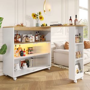 Table Bar Extensible avec LED et Rangement Meuble Bar Moderne sur Roulettes Buffet Haut avec Portes Coulissantes Blanc