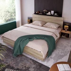 Lit double adulte en bois massif de pin - 160x200 cm - 2 tables de chevet + Tête de lit - Décor chêne et Gris