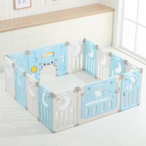 Parc Bébé Plastique pour Fille et Garçon Barrière de Sécurité Pliable pour Enfants-Bleu et Blanc 10 Mois à 6 Ans 14 Panneaux