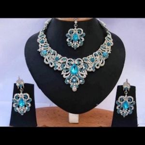 PARURE BIJOUX BLEU TURQUOISE ARGENTÉ MARIAGE BOLLYWOOD FETE INDIEN