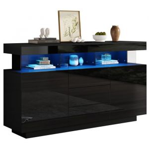 Buffet Moderne Laqu&eacute; Brillant140x35x80cmBuffet En AcryliqueBandes Lumineuses LEDCoin Caf&eacute;Salle &Agrave; MangerCuisine Couloir Noir