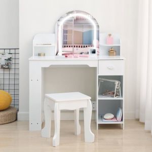 Coiffeuse pour Enfants avec Tabouret et Miroir LED Coiffeuse Fille avec Tiroirs &Eacute;tag&egrave;re Maquillage pour Enfants 3+ ans Blanc