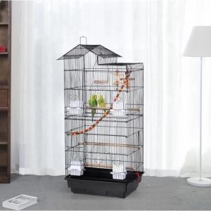 Cage à oiseau en métal avec 4 mangeoires et 3 perchoirs - Volière - Noir - Taille moyenne