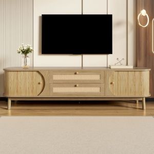 Meuble TV Bois Meuble Bas et Support TV avec 2 Portes Coulissantes et 2 Tiroirs en Rotin Style Campagnard 170 x 39.5 x 46 cm