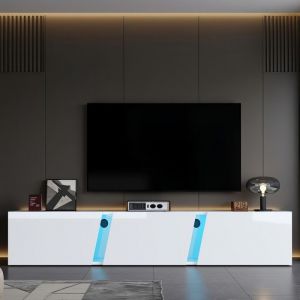 Meuble TV Mural 180 x 35 x 30 cm Blanc Laqu&eacute;  Meuble TV Suspendu avec LED  Buffet Flottant Moderne avec 3 Portes