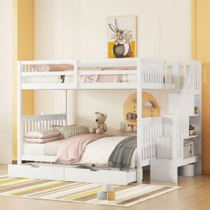 Lits superposés 140*200cm Lit enfant adulte avec 2 Tiroirs 3 Compartiments Escalier Sommiers à lattes - blanc