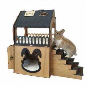 Maison Lapin XL Int&eacute;rieur Bois 2 &Eacute;tages &ndash; Clapier Design naturel pour Lapin Nain & Cochon dInde . Maison Rongeur avec Rampe