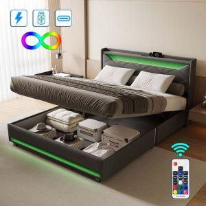 Lit Coffre 140x190 cm LUMINARIX Mécanisme de levage à gaz Lit double USB et USB-C Avec éclairage LED Lit rembourré Tissu en lin