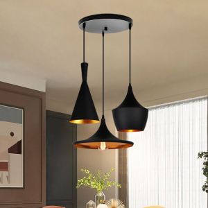 3 Lumières Lustre Suspension Géométrique Artistique E27 Lampe Plafonnier Industriel pour Cuisine Salon Restaurant Noir&Doré