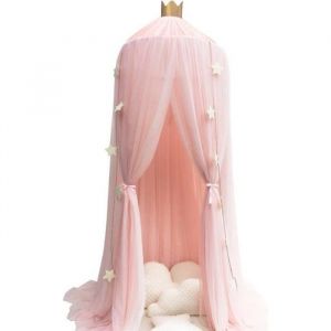 Ciel de Lit Baldaquin Moustiquaire Tente Jeu pour B&eacute;b&eacute; Enfant avec Etoiles Ors D&eacute;coration Chambre Moustiquaire Rose