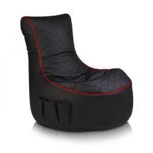 Pouf Fauteuil Gaming Pablo en Simili Cuir Matelass&eacute; Dossier Haut avec Poches 77x77x84cm Noir R&egrave;gle Rouge &ndash; Ecopuf