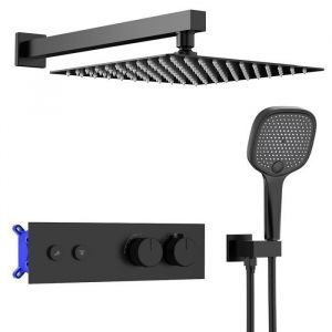Système Encastré Ensemble de Douche Noir Douche de Tête Pluie Pack de Douche y Compris Douchette Corps en Laiton Thermostat