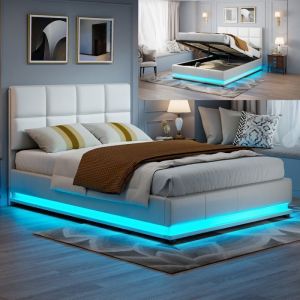 Lit 140x190 cm - LED - tissu en PU - lit double 140x190 cm - 140x190 cm - Blanc