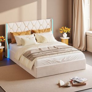 Lit Coffre Adulte Double 140x200 - LED RGB 6000+ Couleurs - Design Moderne - M&eacute;canisme Silencieux - Beige