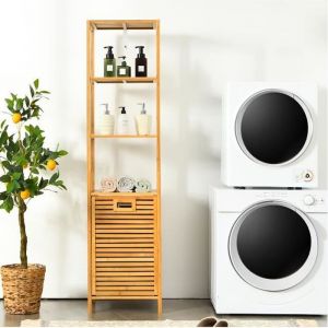 GIANTEX Colonne de Salle de Bain en Bambou Armoire de Salle de Bain avec Panier à Linge Basculantet et 3 Etagères 40 X 33 X 160