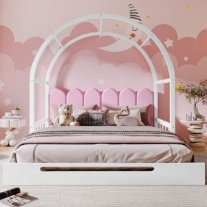 Structure de lit- 140x100/200cm-KoDise-Lit à baldaquin extensibleoreillers en veloursbois de pinsans matelas-blanc et rose