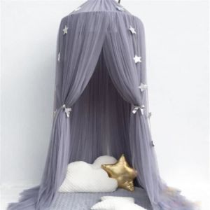 Ciel de Lit Enfants Gris Moustiquaire Lit &agrave; Baldaquin Tulle Fil Literie Tente Filet D&ocirc;me Rond Rideau COS6202