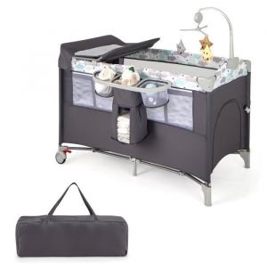 COSTWAY Lit Parapluie Bébé Pliable 0-36 Mois 5 en 1 Lit Cododo avec MatelasTable à LangerGarde-corps RéglableSac et 3 Jouets Gris