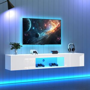 Meuble TV Suspendu 160cm Blanc Laqu&eacute;  Design Flottant avec &Eacute;clairage LED  Rangement Mural pour Salon