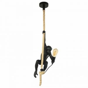 Lampe Suspendue Rétro Edison E27 en Résine MAX avec Singe Noir et Corde de Chanvre Idéale pour Salle à Manger Salon et Bar