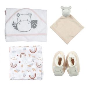 Coffret cadeau de naissance 4 pi&egrave;ces en coton sur le th&egrave;me hippopotame