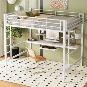 Lit Mezzanine 140x200 cm Lit Sur&eacute;lev&eacute; avec Bureau Int&eacute;gr&eacute; 2 &Eacute;tag&egrave;res pour Livres Lit pour Enfants Adolescents et Adultes Blanc