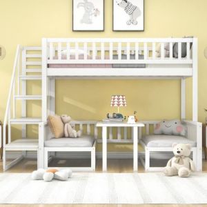 Lit mezzanine 90x200cm-120x200cm cm avec table ajustable canapé en bois et protection contre les chutes blanc