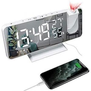 R&eacute;veil Projecteur Plafond Radio FM Reveil Projection LED &Eacute;cran Miroir R&eacute;veil Matin avec Port USB 180&deg; Horloge Num&eacute;rique R&eacute;v A372