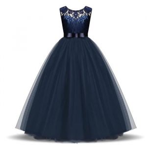 Robe Princesse Fille Cérémonie en Dentelle Robe Longue Broderie de Soirée de Mariage Tulle Sans Manches - Bleu marine