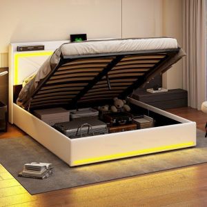 Lit double 140x200 cm USB et Type C LED Hydraulique tissu en PU cadre de lit 140x200 cm lit coffre 140x200 cm blanc