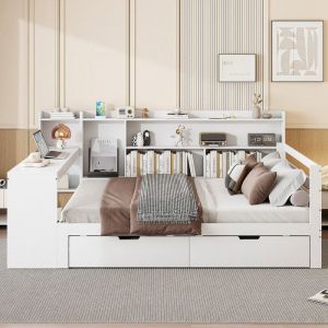 Lit double en bois massif blanc 140 x 200 cm - Avec &eacute;tag&egrave;res et armoire - Lit double avec deux tiroirs