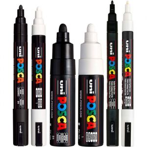 Lot de 6 marqueurs Posca - Noir et blanc - Pointes ogives PC5M PC7M PC3M