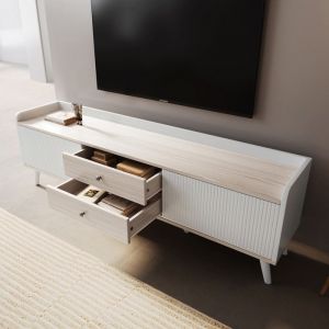 Meuble TV 160x40x58 cm avec deux tiroirs table TV  meuble t&eacute;l&eacute; bas avec deux portes coulissantes. Meuble salon Blanc et bois
