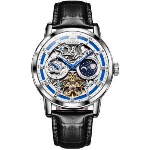 SHARPHY Montre homme de marque cadran squelette automatique m&eacute;canique chronographes affichage des phases de lune noir cool